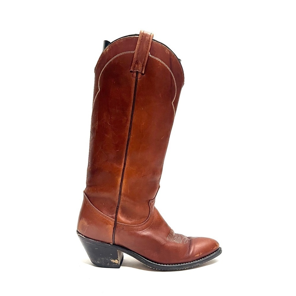 Vintage 1970s men’s brown leather pull on heeled cowboy boots